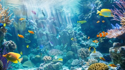 an image of a tropical reef with fish swimming, aqua blue water, vivid color