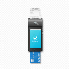 Vector 3D Realistic NFC Payment Terminal with Payment Receipt, Credit Card. Payment Machine - Approved Status. Design Template for Bank Payment Contactless Terminal. Mockup of a POS Terminal. Top View