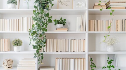bookshelf, white wood, books, plants, art, zoom background, no natural light