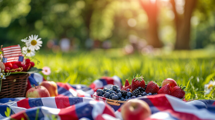 Holiday Picnic, Celebrating in the Park. Relaxing National Holiday, Picnic Spread in the Park, Celebrating a US Holiday.Descriptions.