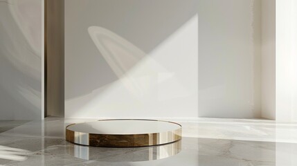 A sleek mirrored podium with a thin gold trim reflecting the simplistic yet luxurious aesthetic of the minimalist chic theme. . .