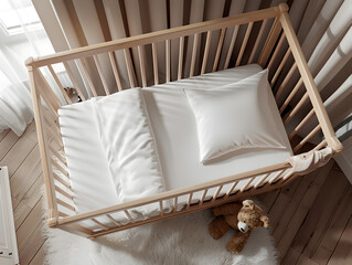 Baby crib with white blank plain perfectly clean straight - bedded duvet bedding.