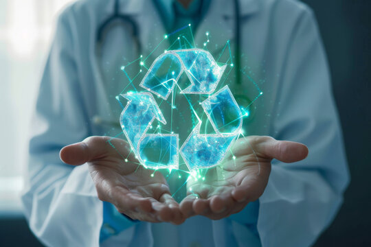 A glowing, holographic recycling sign is cradled in the hands of a person in a white lab coat, suggesting a medical professional or a high-tech healthcare concept.