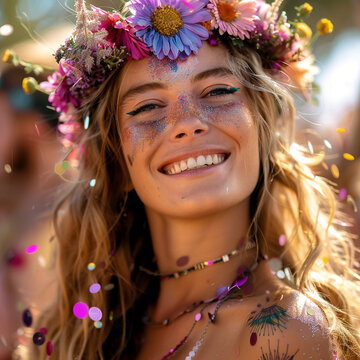 Close-up photo showcases a beautiful young woman with a vibrant flower crown. Her genuine smile captures the essence of festival vibes..