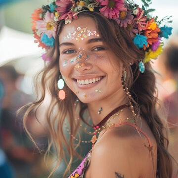 Close-up photo showcases a beautiful young woman with a vibrant flower crown. Her genuine smile captures the essence of festival vibes..