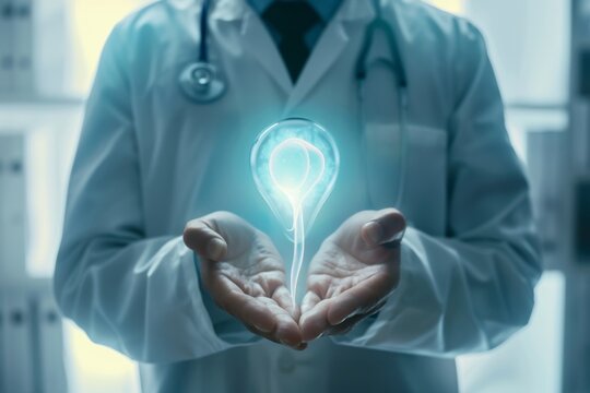A glowing, holographic spermatozoon is cradled in the hands of a person in a white lab coat, suggesting a medical professional or a high-tech healthcare concept.