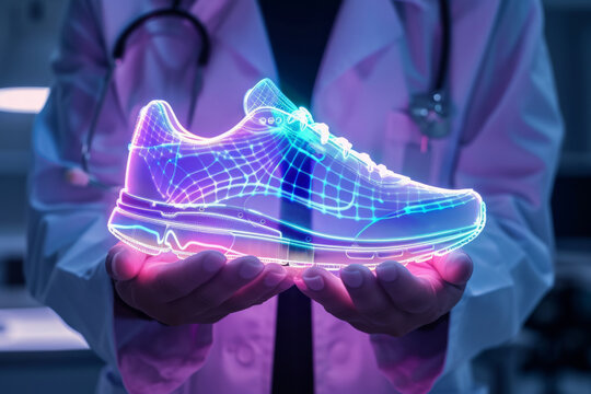 A glowing, holographic sports shoes is cradled in the hands of a person in a white lab coat, suggesting a medical professional or a high-tech healthcare concept.