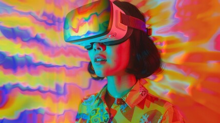 Woman Experiencing Virtual Reality in Vibrant Setting