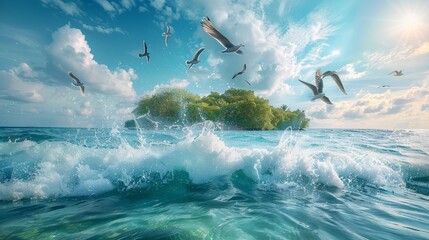 wallpaper a island on ocean, fish on wave, birds flying