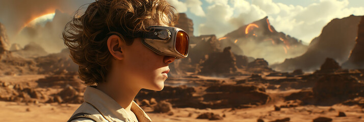 teenager uses vr glasses to contemplate a desert
 - obrazy, fototapety, plakaty