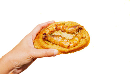 Bread fried with shrimp or banh mi chien tom. Vietnamese street cuisine. Bread slices are dipped in a batter made of wheat, tapioca, and rice flour. Then it's fried with shrimp. Eat with hoisin sauce.
