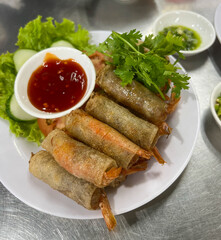 Cha ram or prawn spring rolls. A Vietnamese cuisine from the middle region. A mixture of pork belly...