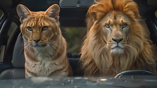 Lion and Lynx Duo in Car Ready for a Safari Adventure with Ai generated.
