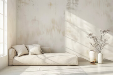 minimalist living room with a white chaise longue positioned in front of a wall