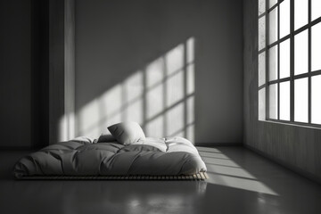minimalist bedroom with a platform bed on the floor next to a large window