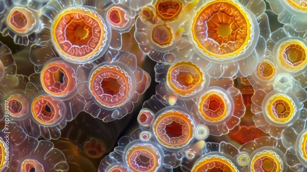 Poster this microscopic view reveals intricate patterns of orange and red pigments within a colony of algae