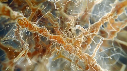An upclose view of a bacterial biofilm reveals a mass of tangled fibers and secreted substances with individual bacterial cells just - obrazy, fototapety, plakaty