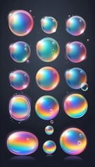 Soap bubbles with Rainbow Reflection. Set of Realistic Soap or Water Bubbles for Your Design. Shampoo or Foam Cosmetic Flyer and Invite. Bubble with Hologram Reflection. Isolated Vector Illustration.
