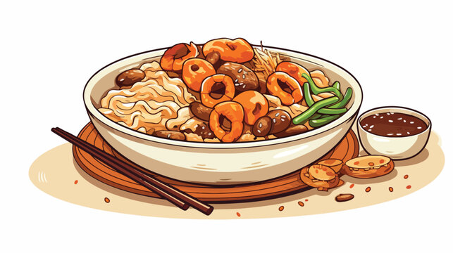 Chinese food vector image in brown lines with circu