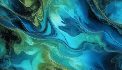Fototapeta na wymiar Abstract marble texture. Fractal background in blue, green and black colors. Fantasy digital art. 3D rendering.