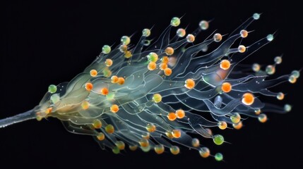 Closeup of a single fungal hypha its translucent body appearing almost ethereal against a black background. Bright orange and green - obrazy, fototapety, plakaty