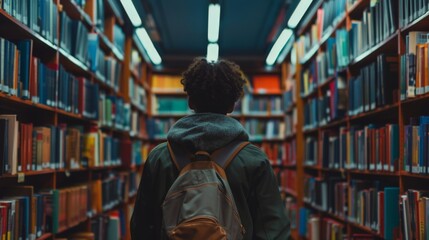 Person walking through a library with backpack - obrazy, fototapety, plakaty