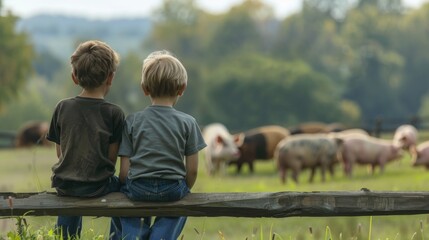 Two young boys sit on a fence backs turned as they admire a group of pigs grazing in a nearby pasture. . . - obrazy, fototapety, plakaty