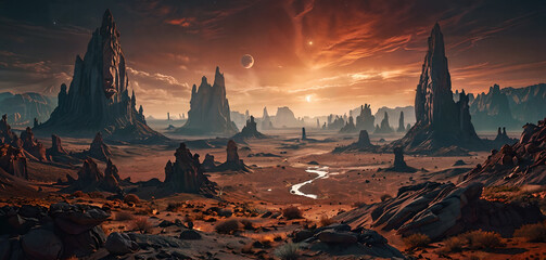A unique alien landscape with strange rocks. Mars, martian landscape, panorama of Mars, alien landscape, mars at sunrise