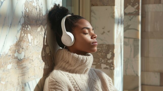 A woman wearing headphones leans against the marble pillar eyes closed in peaceful concentration as listens to music while . .