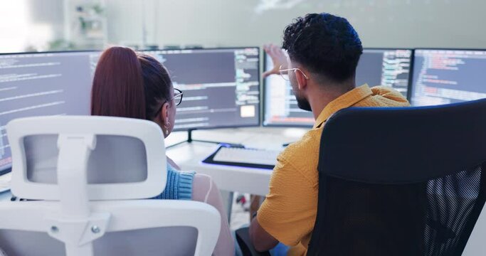 Office, worker and training in computer with coding in teamwork or collaboration as business analyst. Support, help and learning in pc for software development or programming with technology.