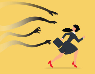 Fear attack concept. Frightened businesswoman running away from creepy monster hand chasing.