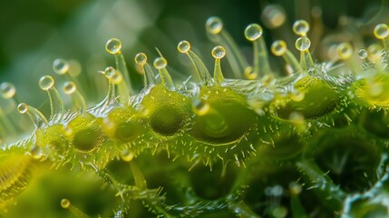 This image captures a closer look at the stomata revealing the presence of delicate hairs called trichomes. These trichomes serve - obrazy, fototapety, plakaty