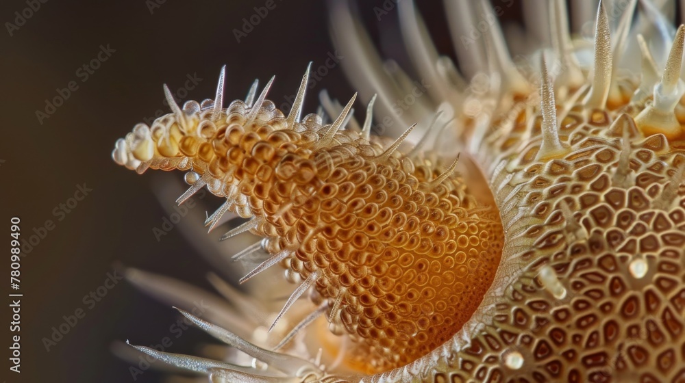 Poster an upclose photograph of a single stoma with delicate hairs protruding from its edges creating a stu