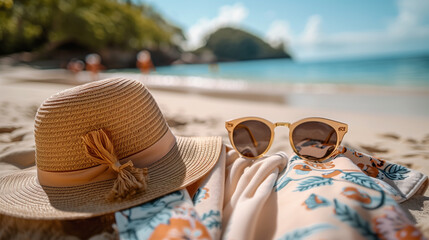 women's sunglasses, sun hat, beach towel on the beach, seaside, sunny beach day fun, summer time