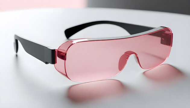 A stunning, minimalist, thin lightweight pink translucent glass VR glasses designed by BRAUN, Dieter Rams. Product ad retro. industrial design inspiration. Unreal engine render, natural lighting, on d
