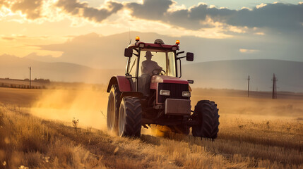 A farmer driving a tractor in a field , sunlight , clouds and blue sky , plants and grass and trees ,Agricultural lands , Dust and dirt