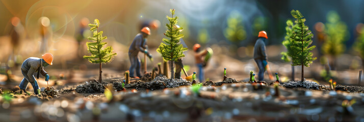 People planting trees working in farm garden agriculture concept with blurly background. - obrazy, fototapety, plakaty