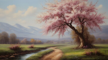 Spring landscape in oil painting