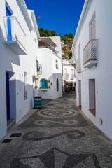 Narrow mosaic alleyway and blue doors in Frigiliana Spain