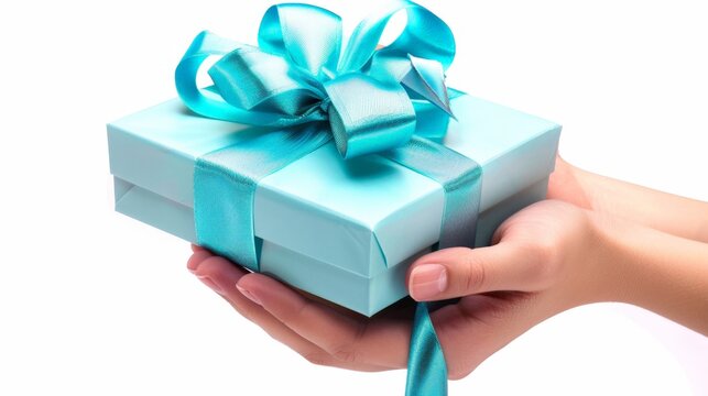 Person holding blue gift ribbon