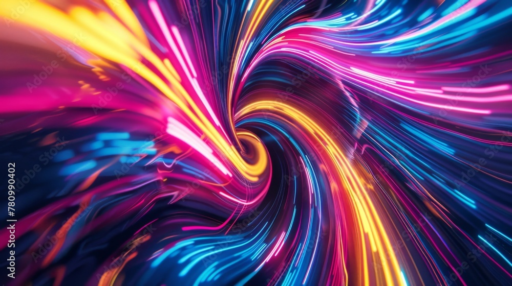 Poster bold neon lines intersect and swirl in a chaotic yet harmonious explosion of color.