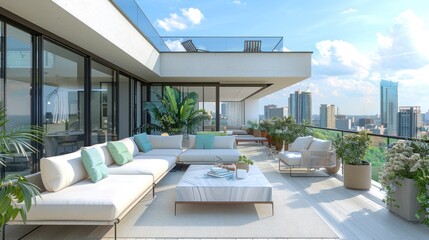 A chic rooftop terrace with panoramic views of the city skyline, featuring sleek white furniture and accents of mint green.