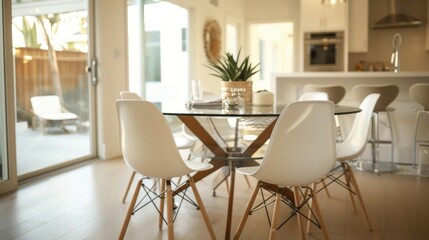 The dining room is a study in simplicity with a sleek glass table surrounded by white Eamesstyle chairs. The neutral color palette continues with white walls and light wood floors .