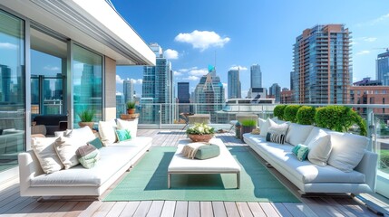 A chic rooftop terrace with panoramic views of the city skyline, featuring sleek white furniture and accents of mint green. - obrazy, fototapety, plakaty