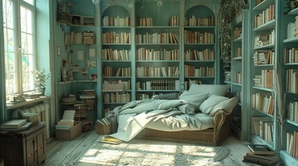 A cozy reading nook in a sunlit room, decorated in soothing shades of aqua and surrounded by shelves of white books. - obrazy, fototapety, plakaty
