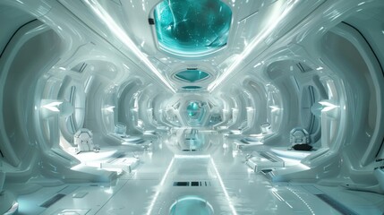A futuristic space station with clean white corridors and touches of teal and blue in the lighting scheme. - obrazy, fototapety, plakaty