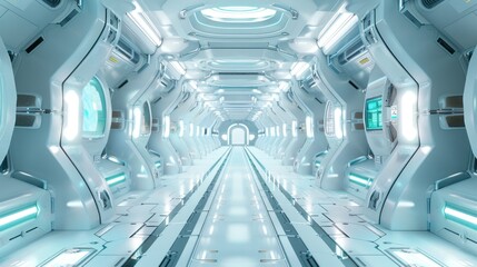 A futuristic space station with clean white corridors and touches of teal and blue in the lighting scheme.