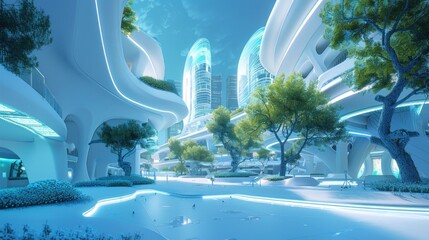 A futuristic urban plaza with sleek white architecture, illuminated by neon accents of green and blue. - obrazy, fototapety, plakaty