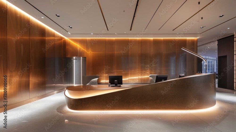 Poster the reception desk stands at the center of the room equipped with stateoftheart technology and sleek