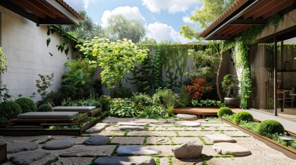 A tranquil garden courtyard with vibrant greenery, accented by touches of sky blue and wisps of white clouds above.